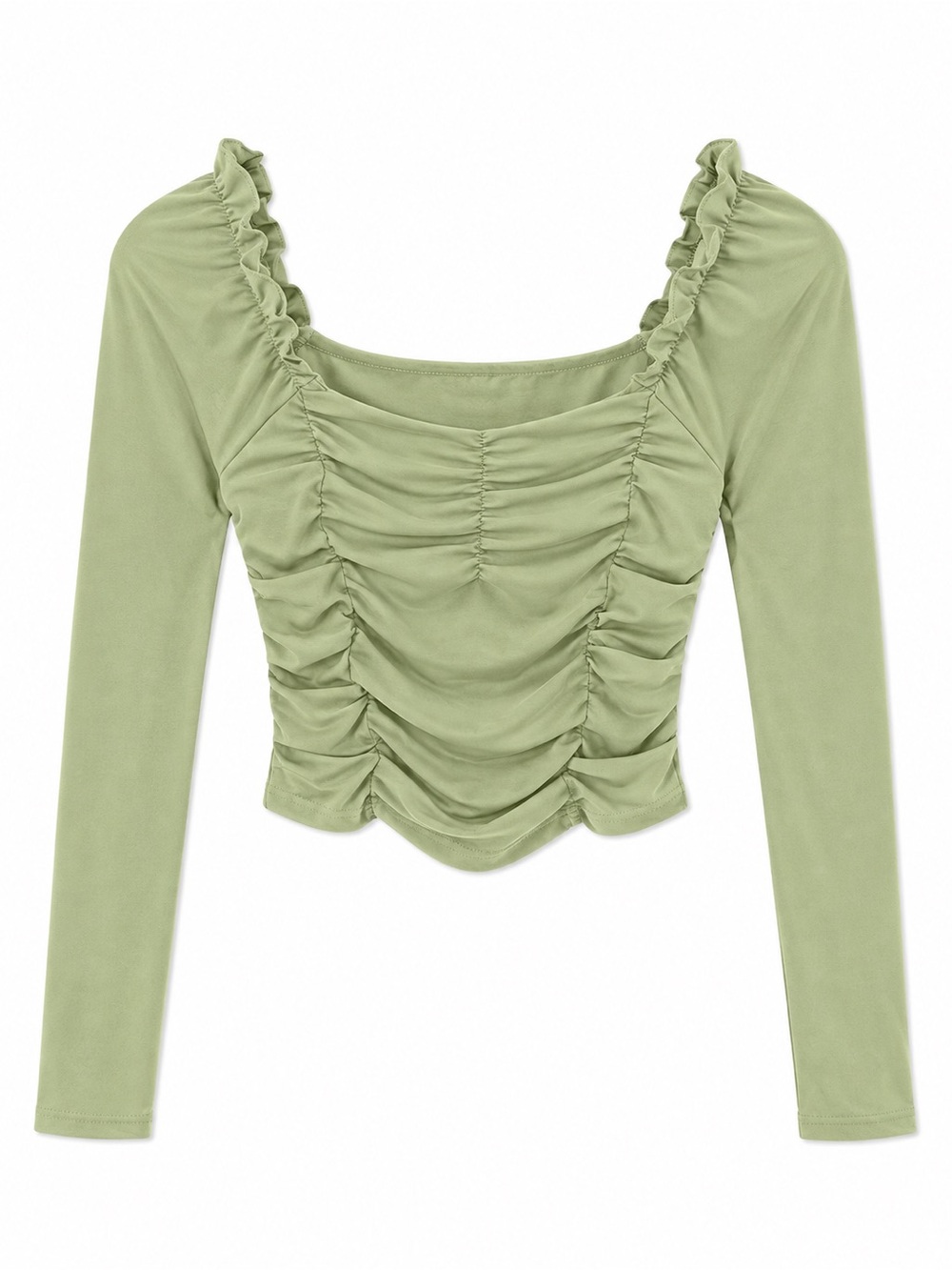 Ruched Square Neck Long Sleeve Top - Sage Green